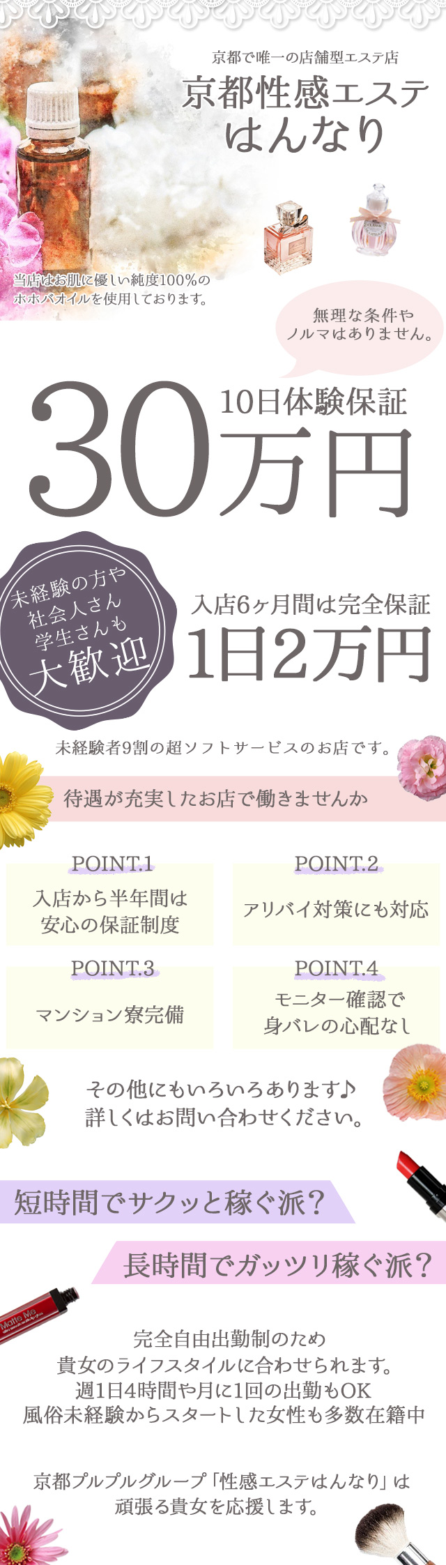 京都性感エステ はんなりの求人・給料情報(京都・河原町/店舗型性感エステ)